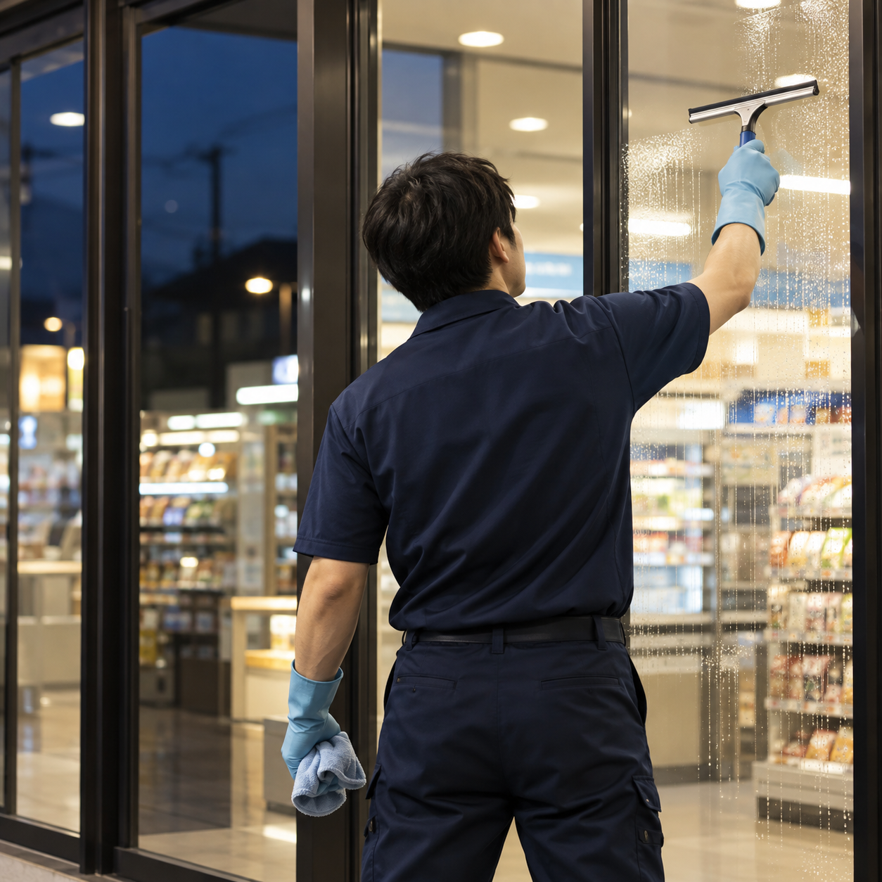 夜間の店舗でガラスを清掃する作業イメージ